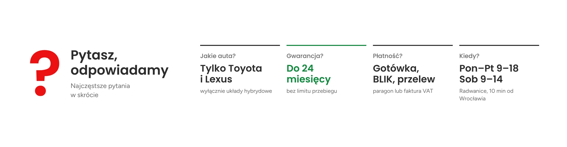 Najczęstsze pytania: tylko Toyota i Lexus, gwarancja do 24 miesięcy, płatność gotówką, BLIK lub przelewem, czynne Pon–Pt 9–18 i Sob 9–14